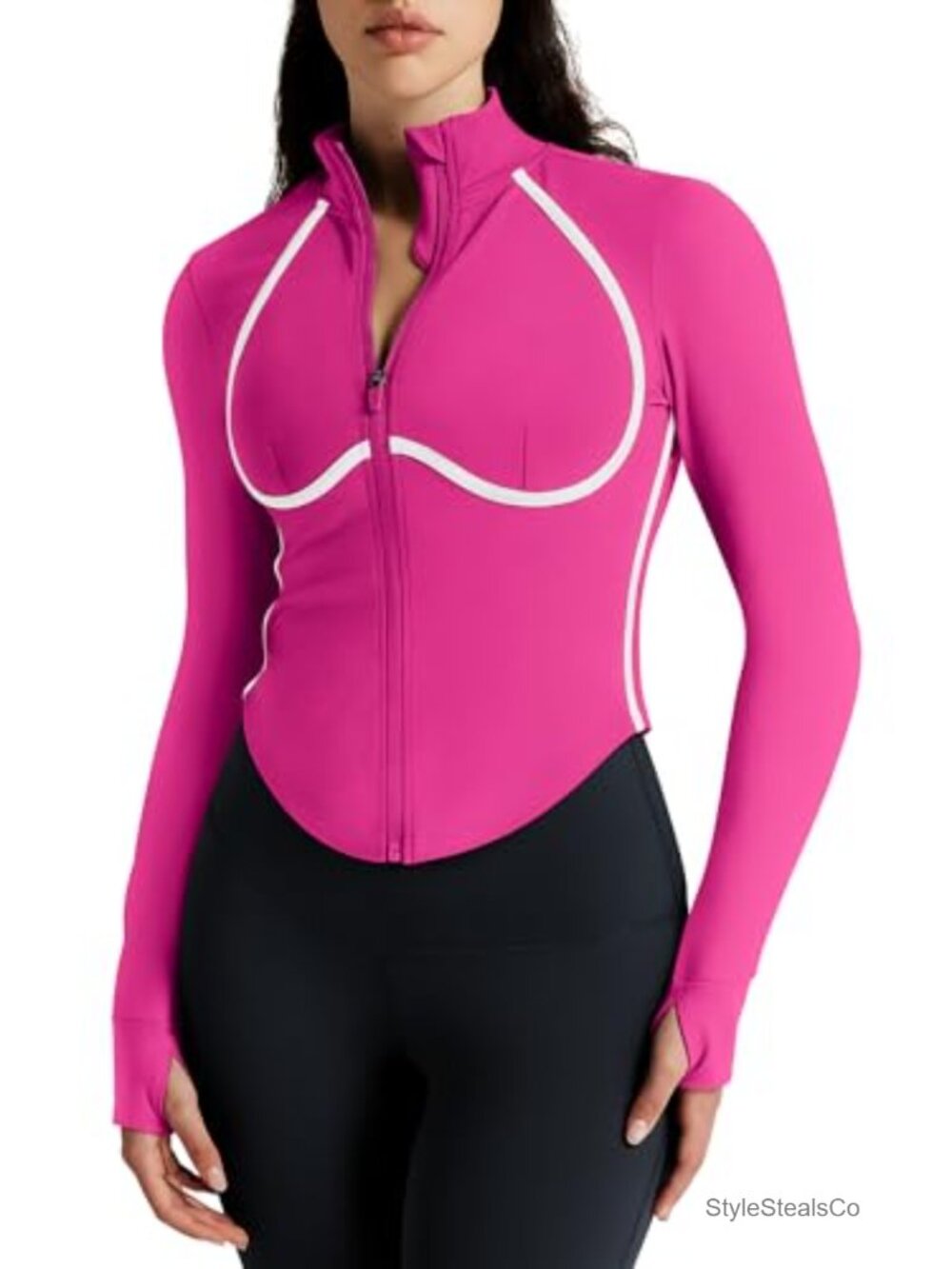 Women Cropped Zip Up Athletic Jacket Yoga Sportswear with Thumb Holes Nylon